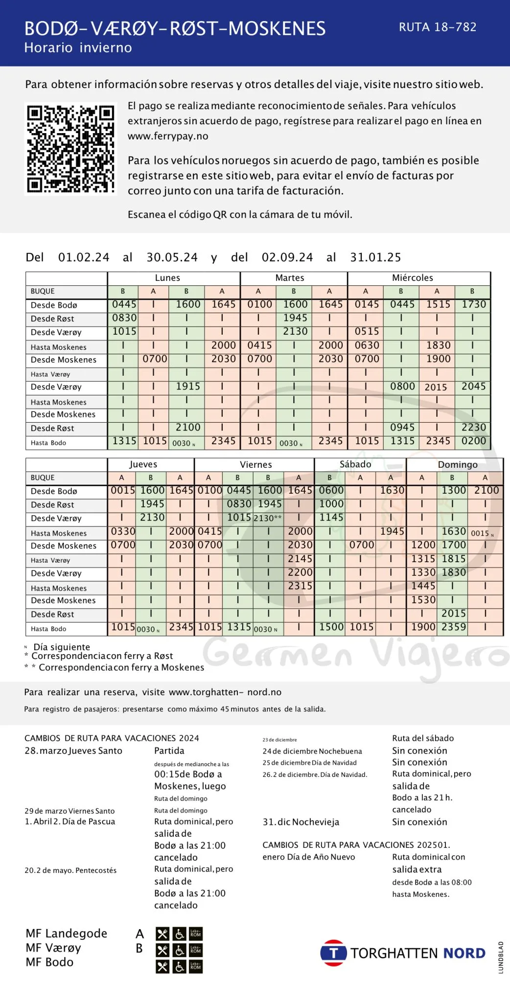 Horario del ferry entre Bodo y Moskenes 2024 - Invierno