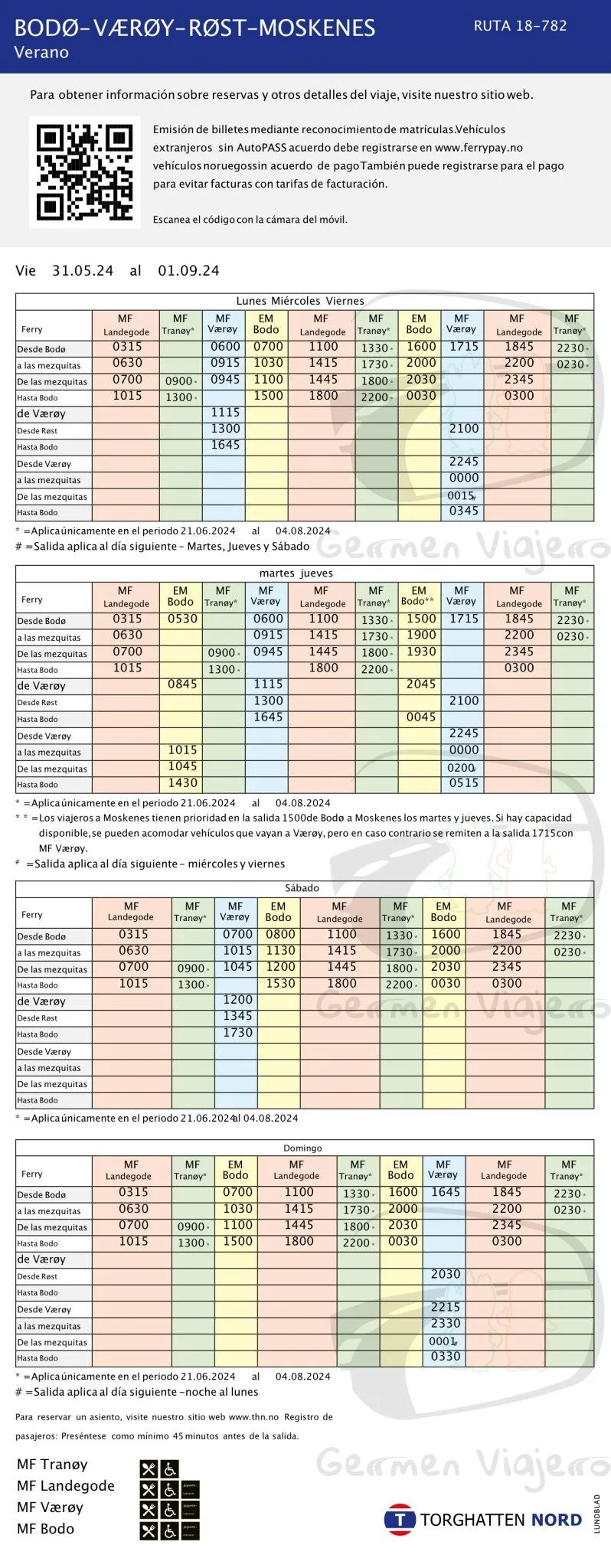 Horario del ferry entre Bodo y Moskenes 2024 - Verano
